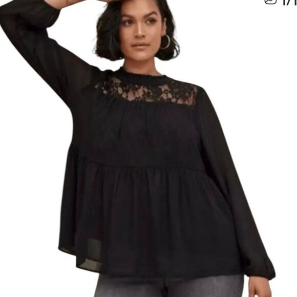Torrid Top Womens 5X Black Lace Chiffon Overlay Blouse Feminine Romantic NEW - Picture 1 of 11
